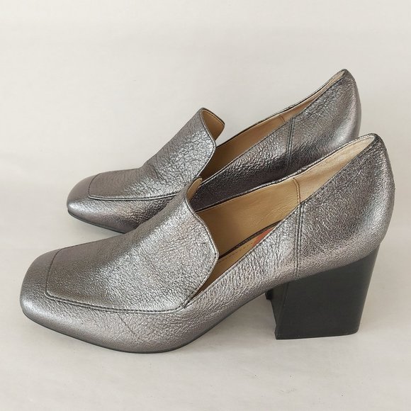 Marc Fisher Ltd Metallic Pumps Leather Square toe Block Heels Marlo Gray Shoes - Picture 4 of 11